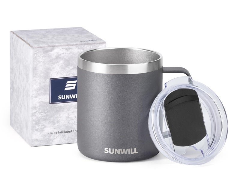 SUNWILL Travel Coffee Mug with Lid, Insulated Tumbler with Handle, 14 oz Stainless Steel Cup for Ice, Water, Tea, Cool Grey - Image 5